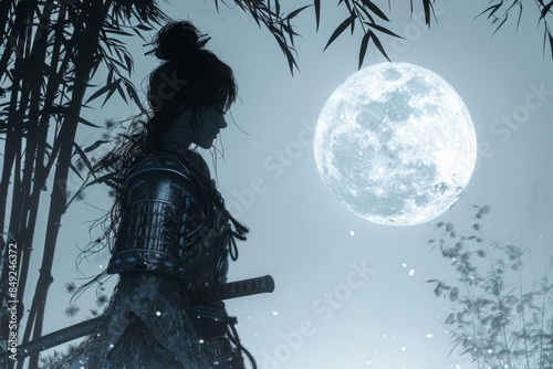 Female samurai warrior in elegant ornate armor poised under a full moon