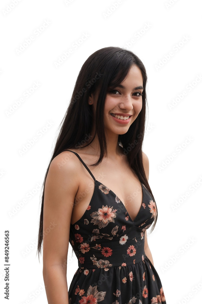 Hispanic young woman with long black hair, wearing a vibrant summer dress, smiling and looking at the camera, isolated, transparent background, no background. PNG. Hispanic young woman with long black hair, wearing a vibrant summer dress, smiling and looking at the camera, isolated, transparent background, no background. PNG.