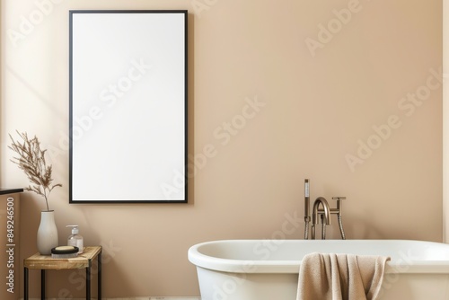 An elegant bathroom interior with a bathtub and accessories. Mockup frame.