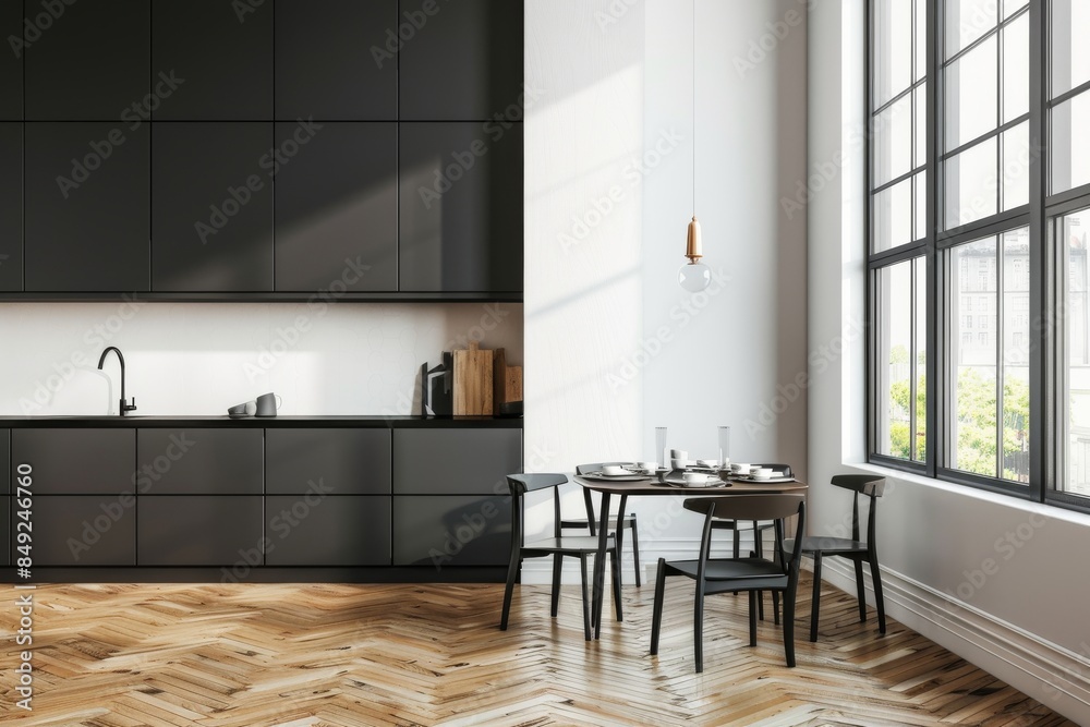 Fototapeta premium White blank wall, minimalist furniture, wooden elements, and a window in this modern kitchen design concept.