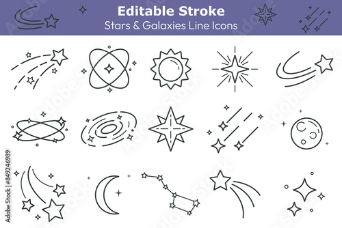 Shooting star and galaxy line icons set. Flying stars, sun, moon symbols with editable stroke. Outer space isolated elements