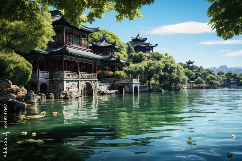 Fototapeta premium Beihai Park Pagodas by a serene lake in Beijing., generative IA