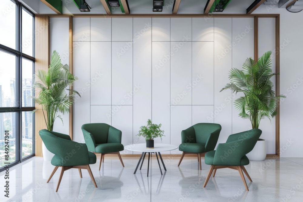 Fototapeta premium Typical lobby interior with armchairs and a coffee table. A mock up of the wall is shown.