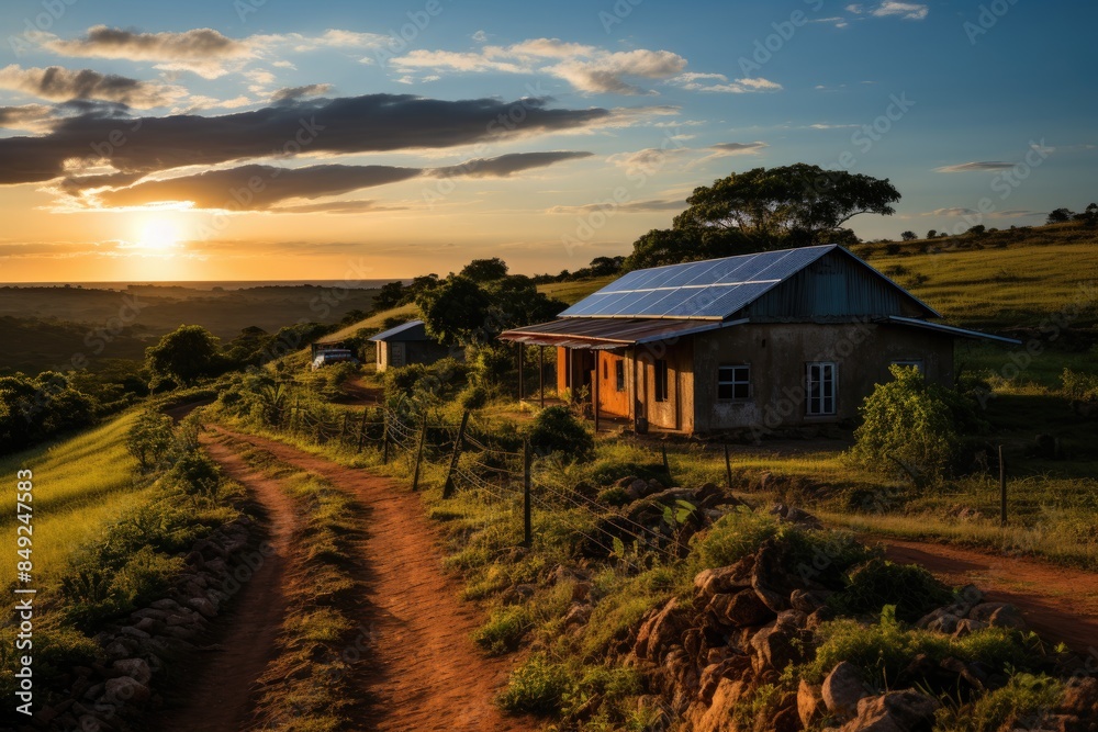 Solar panels feed rural houses under blue sky., generative IA Solar panels feed rural houses under blue sky., generative IA