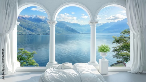 a white minimalist balcony bed, framed by an arched window overlooking the sea, adorned with lush green plants and soft white pillows, atop a cozy beige carpet.