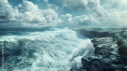 Powerful Waves Meeting Dramatic Rocky Coastline Panoramic Sea View photo