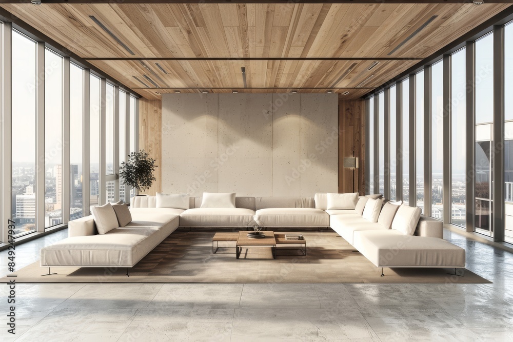 Office interior with panoramic window, ceo desk, and chill zone Office interior with panoramic window, ceo desk, and chill zone