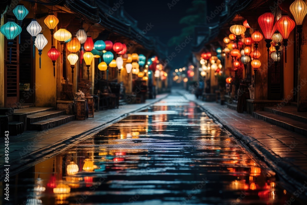 Fototapeta premium Magic night in Hoi an sparkling lanterns by the river., generative IA