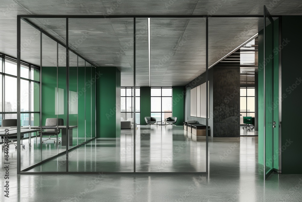 Interior of a modern office meeting room with round tables and chairs and glass doors Interior of a modern office meeting room with round tables and chairs and glass doors