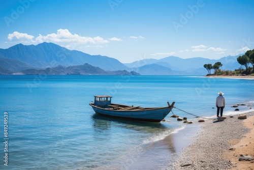 My Khe beach crystal clear waters, golden sand and coconut trees., generative IA