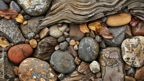 Colorful stones and wood texture with autumn leaves