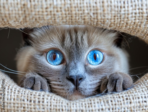 A curious cat with piercing blue eyes peeks out from behind a burlap sack.