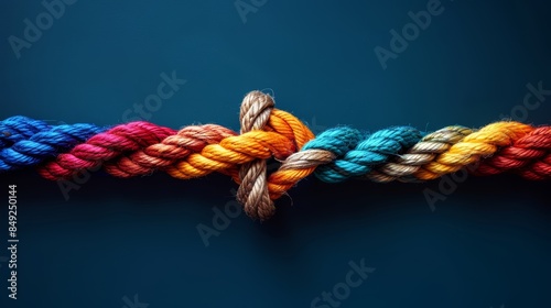 A colorful rope tied together in a knot, symbolizing unity, connection, and teamwork. photo