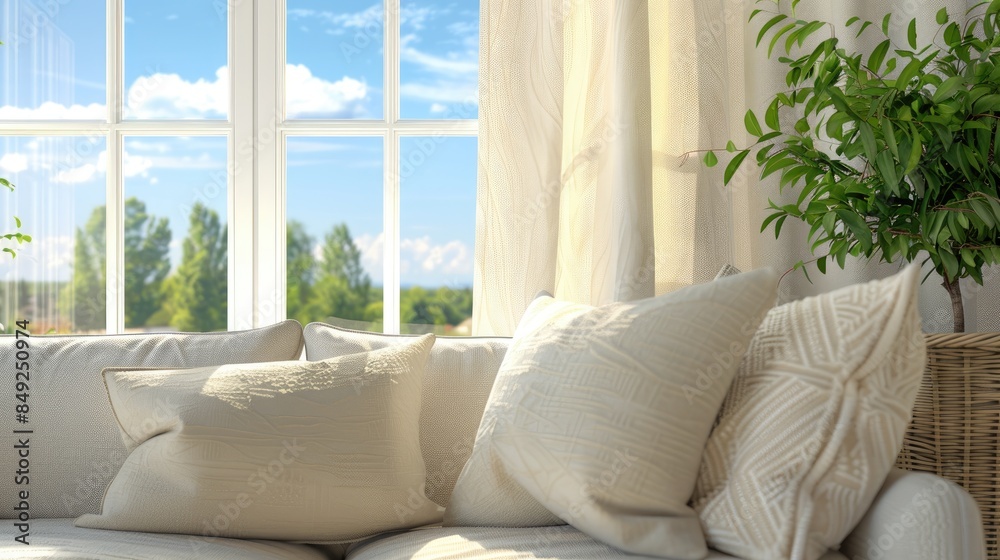a modern living room, featuring a sofa adorned with pillows, positioned against a window with billowing curtains, showcasing the Scandinavian home decoration concept. a modern living room, featuring a sofa adorned with pillows, positioned against a window with billowing curtains, showcasing the Scandinavian home decoration concept.