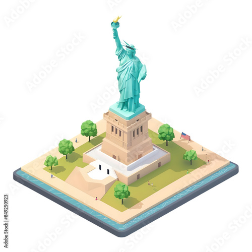 Isometric illustration of the Statue of Liberty on Liberty Island, New York City, with surrounding trees and water.