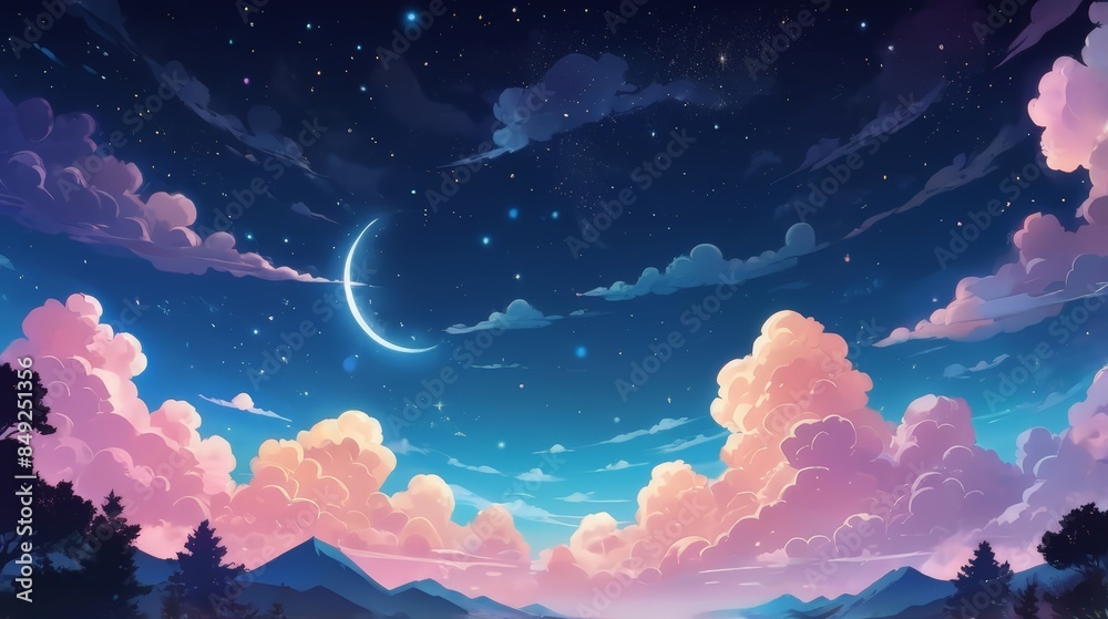 illustration of a beautiful view of mountains and sky at night with a cartoon anime concept. Seashore landscape with lighthouse. night landscape with super moon, dark forest background illustration of a beautiful view of mountains and sky at night with a cartoon anime concept. Seashore landscape with lighthouse. night landscape with super moon, dark forest background