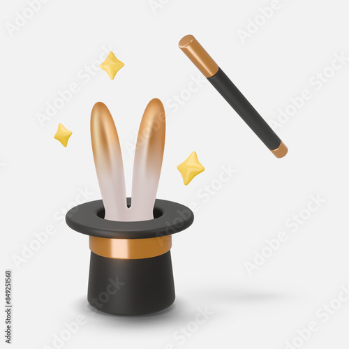 3d style illustration of a Cylinder magic hat with golden ribbon, white rabbit's ears, fairytale wand and yellow stars around. Magic show concept. Vector art isolated on white background