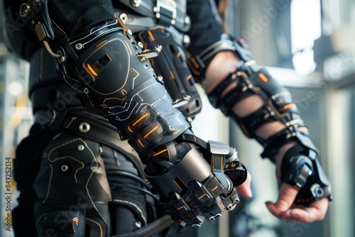 A close-up image showcasing a person wearing a state-of-the-art bionic arm prosthetic and exoskeleton, highlighting the intersection of technology and human augmentation © Ilia Nesolenyi