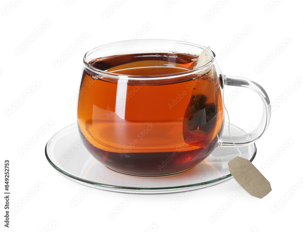 Brewing aromatic tea. Cup with teabag isolated on white Brewing aromatic tea. Cup with teabag isolated on white