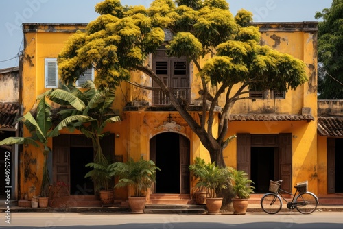 Yellow Facade of the Hoi An Museum with cyclist and lush vegetation., generative IA
