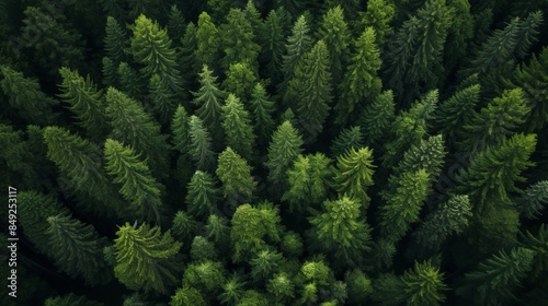 Aerial top view of green tree forest atmosphere. Drone capture photography of greenery landscape, woodland and nature view.