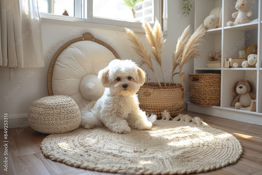 Elegant shot of a playroom corner with a plush rug and minimalist decor, Elegant shot of a playroom corner with a plush rug and minimalist decor,
