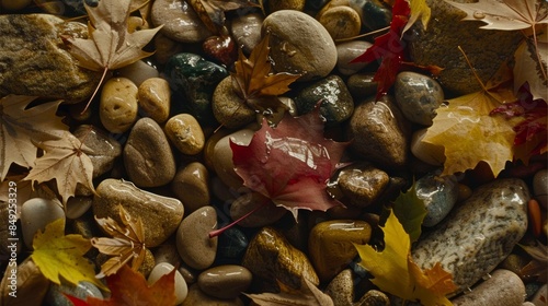 Colorful leaves and smooth pebbles in autumn atmosphere.