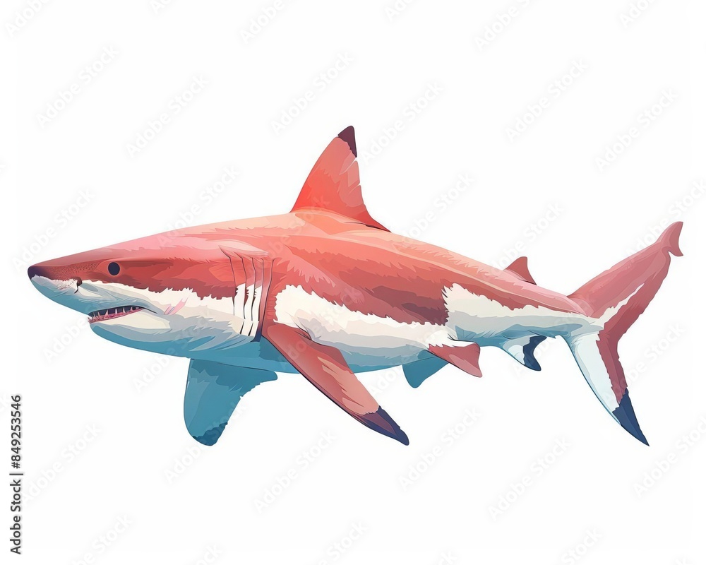 Fototapeta premium A colorful flat design illustration of a side view of a shark swimming in the ocean. This animated image features vibrant colors and a stylized interpretation of a shark in its natural habitat.