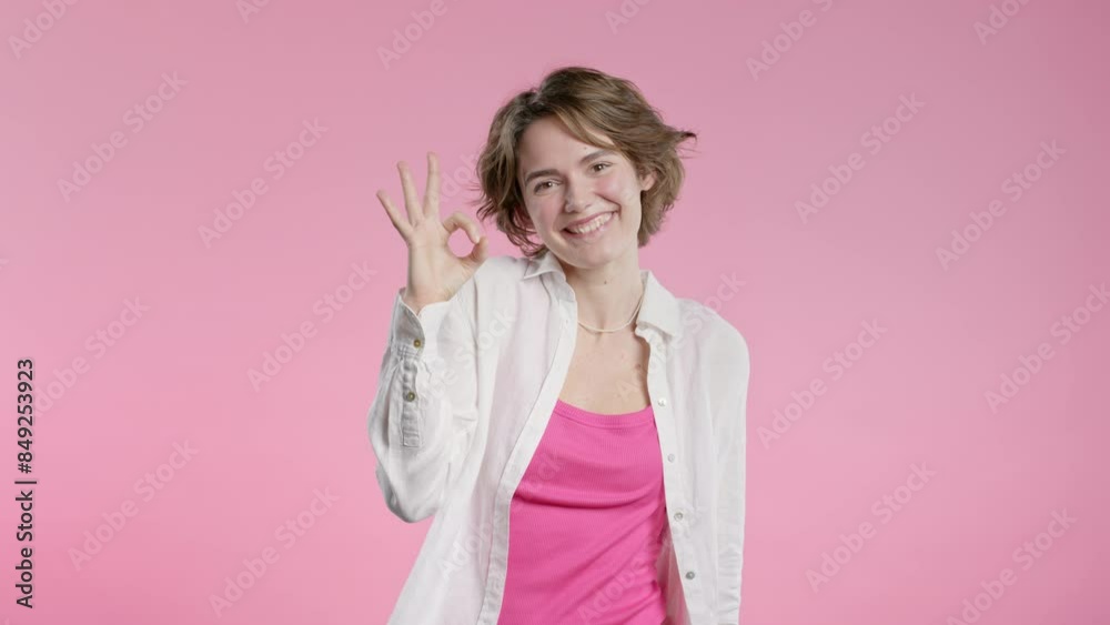Pretty woman with OKAY sign, ok gesture. Happy lady, correct choice, pink wall Pretty woman with OKAY sign, ok gesture. Happy lady, correct choice, pink wall