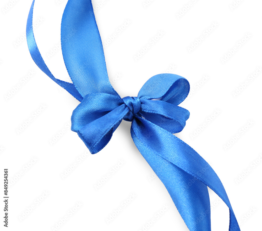 Blue satin ribbons with bow isolated on white, top view Blue satin ribbons with bow isolated on white, top view