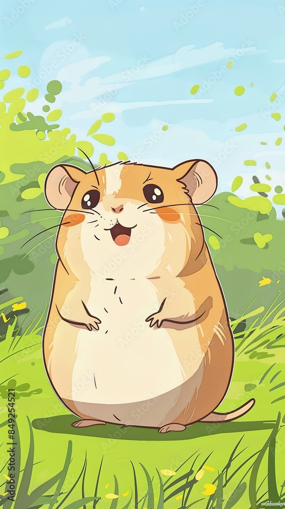 Cartoon style hamster with simple lines and green lawn Cartoon style hamster with simple lines and green lawn
