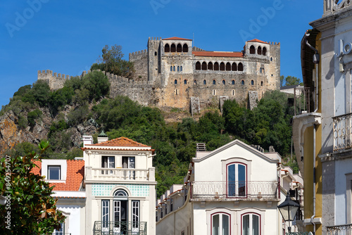 View of the castle of Leiria since Rodrigues Lobo square of the city in a sunny day. Portugal.