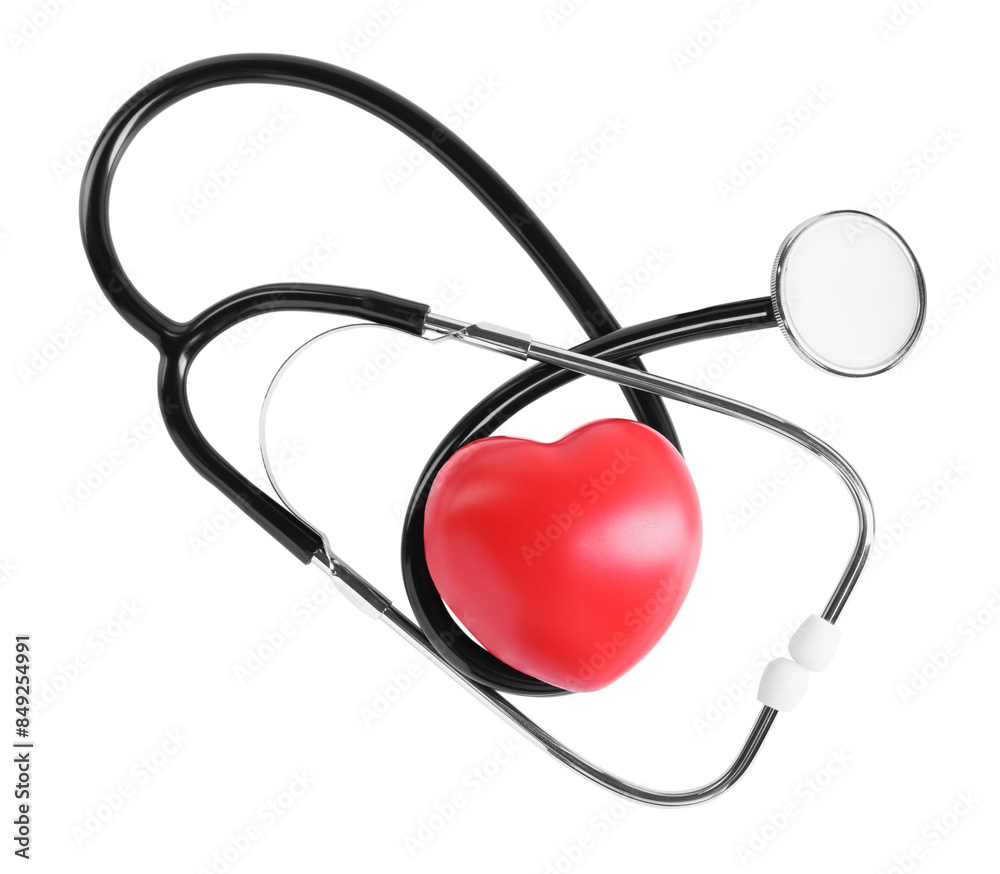 Stethoscope and red heart isolated on white, top view Stethoscope and red heart isolated on white, top view