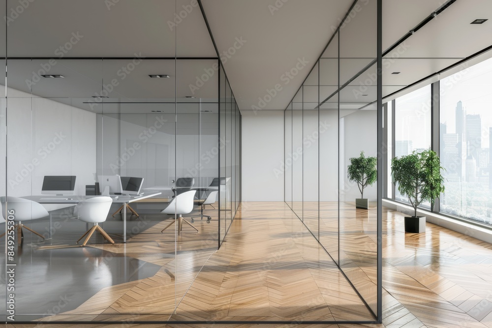 Meeting room and dining corner with panoramic windows in an office interior Meeting room and dining corner with panoramic windows in an office interior