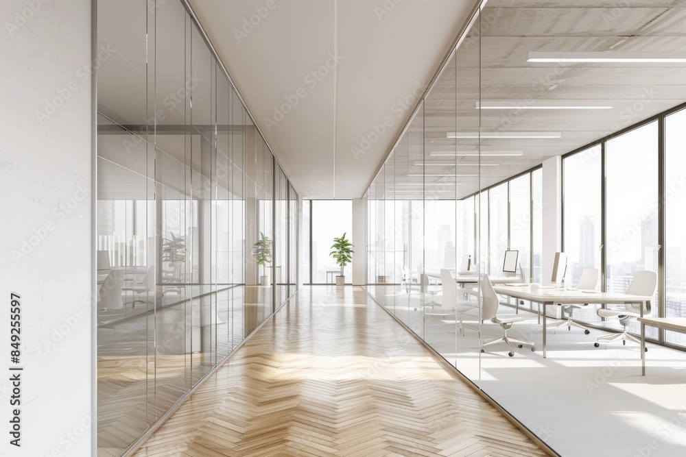 Fototapeta premium The meeting room features a boardroom table, chairs, and a sideboard near a panoramic window in a stylish design