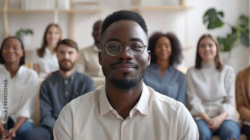 Smiling man with glasses in focus, diverse team in background, in modern office environment, demonstrating corporate teamwork and positivity. Smiling man with glasses in focus, diverse team in background, in modern office environment, demonstrating corporate teamwork and positivity.