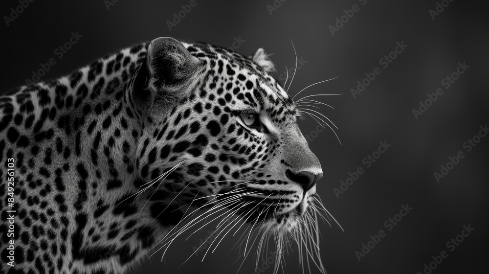 Fototapeta premium Close up of monochrome portrait of leopard isolating on dark background