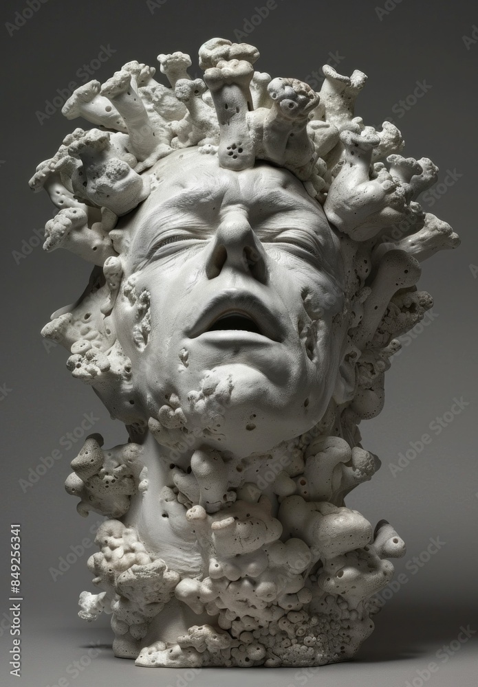 Surreal sculpture of man's head with mushroom face and mushroom cloud in background reflecting art and nature theme
