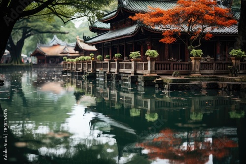 Temple Quan Thanh in Hanoi, Vietnam, by the lake., generative IA photo