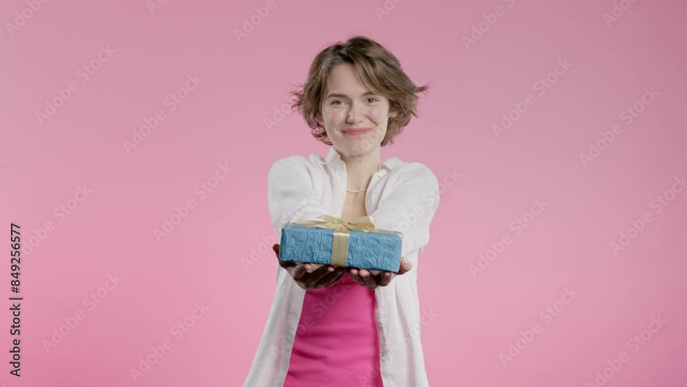 Happy charming woman gift box on pink background. Young girl smiling, gives you Happy charming woman gift box on pink background. Young girl smiling, gives you