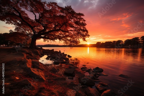 Magic sunset reflected in Benjakiti Park, Bangcoc., generative IA