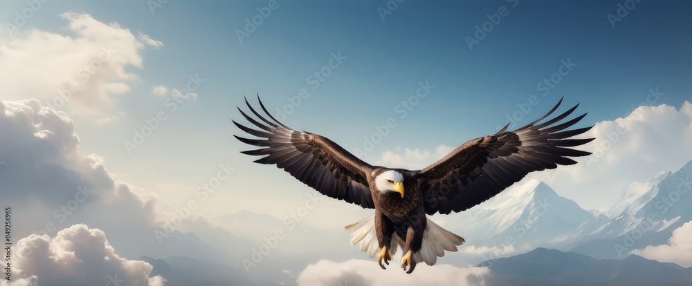Obraz premium An eagle is flying in the blue sky. Bald eagle flying against a clear blue sky with wings fully extended. 