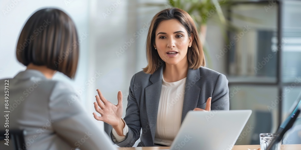 A woman in business attire, with brown hair and fair skin tone is sitting at her desk talking to another female wearing a grey blazer. They both have their hands up while having a conversation A woman in business attire, with brown hair and fair skin tone is sitting at her desk talking to another female wearing a grey blazer. They both have their hands up while having a conversation