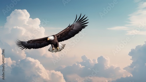 An eagle is flying in the blue sky. Bald eagle flying against a clear blue sky with wings fully extended. 