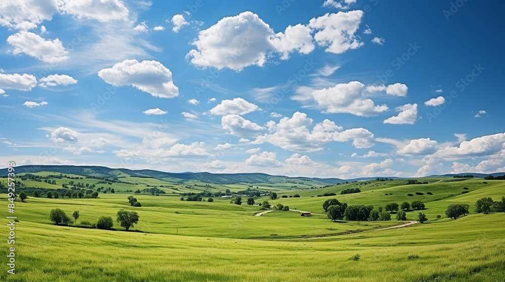 Stunning summer scenery featuring a green meadow under a blue sky adorned with fluffy clouds. Stunning summer scenery featuring a green meadow under a blue sky adorned with fluffy clouds.