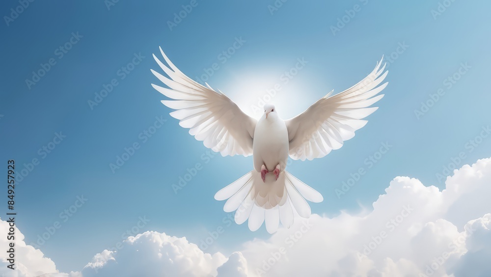 White doves are flying in the blue sky. Holy Spirit. Winged Dove flying in front of the cross against blue sky with clouds. Christian concept White doves are flying in the blue sky. Holy Spirit. Winged Dove flying in front of the cross against blue sky with clouds. Christian concept