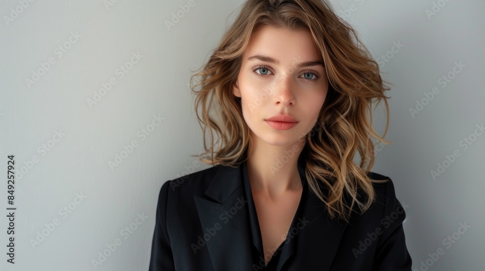 An attractive girl with wavy hair wearing a black jacket over a grey wall. An attractive girl with wavy hair wearing a black jacket over a grey wall.