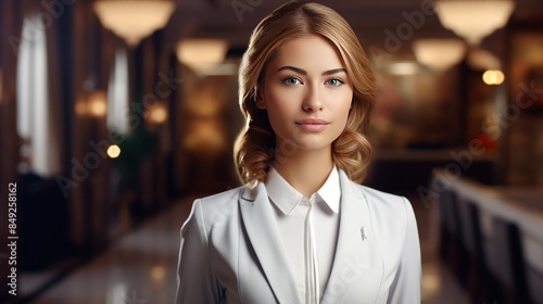 Beautiful woman with a model-like appearance participating in the development of new hotel services.