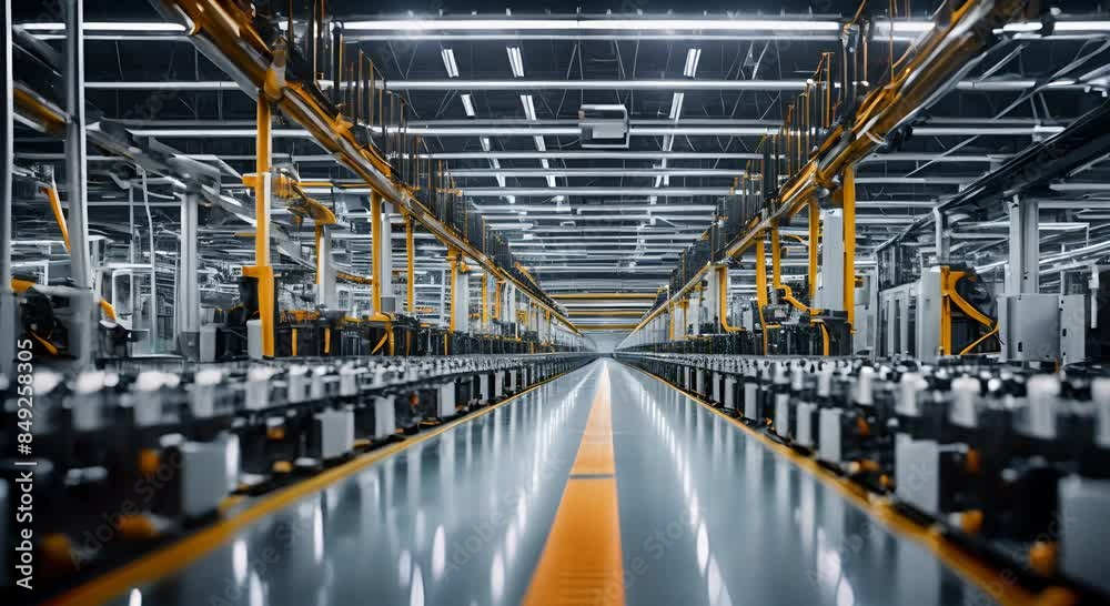 Electric vehicle production line with rows of battery cells on assembly belt in modern factory hall Electric vehicle production line with rows of battery cells on assembly belt in modern factory hall