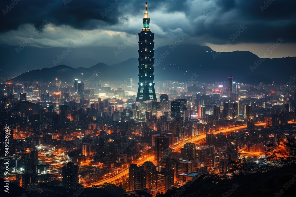 Obraz premium Taipei 101 Majestic skyscraper to twilight., generative IA